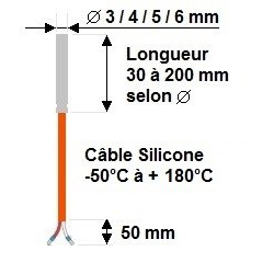 Sonde filaire diamètre 3 x 30mm sur câble Silicone