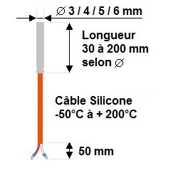 Sonde filaire diamètre 4 x 30mm sur câble Silicone IP 68