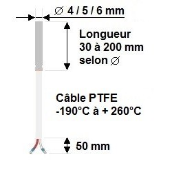 Sonde filaire diamètre 4 x 100mm sur câble PTFE