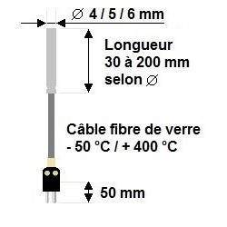 Sonde filaire thermocouple diamètre 4 x 100 mm sur câble Soie de verre