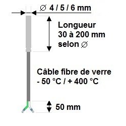 Sonde filaire thermocouple diamètre 4 x 100 mm sur câble Soie de verre