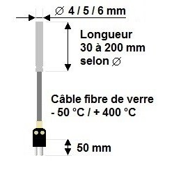 Sonde filaire thermocouple diamètre 4 x 40 mm sur câble Soie de verre