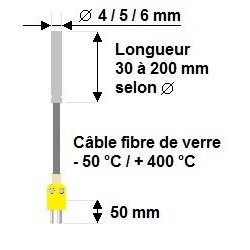 Sonde filaire thermocouple diamètre 6 x 100 mm sur câble Soie de verre