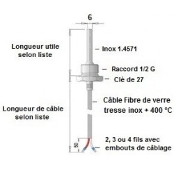 Sonde à visser 1/2 G x 100 mm sur câble Soie de verre