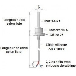 Sonde à visser 1/2 G x 100 mm  sur câble silicone