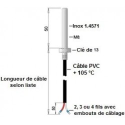 Sonde à visser M8 x 50mm sur câble PVC de 1 mètre