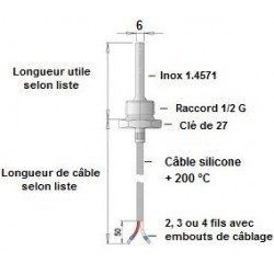 Sonde à visser 1/4 G x 100 mm sur câble silicone IP68
